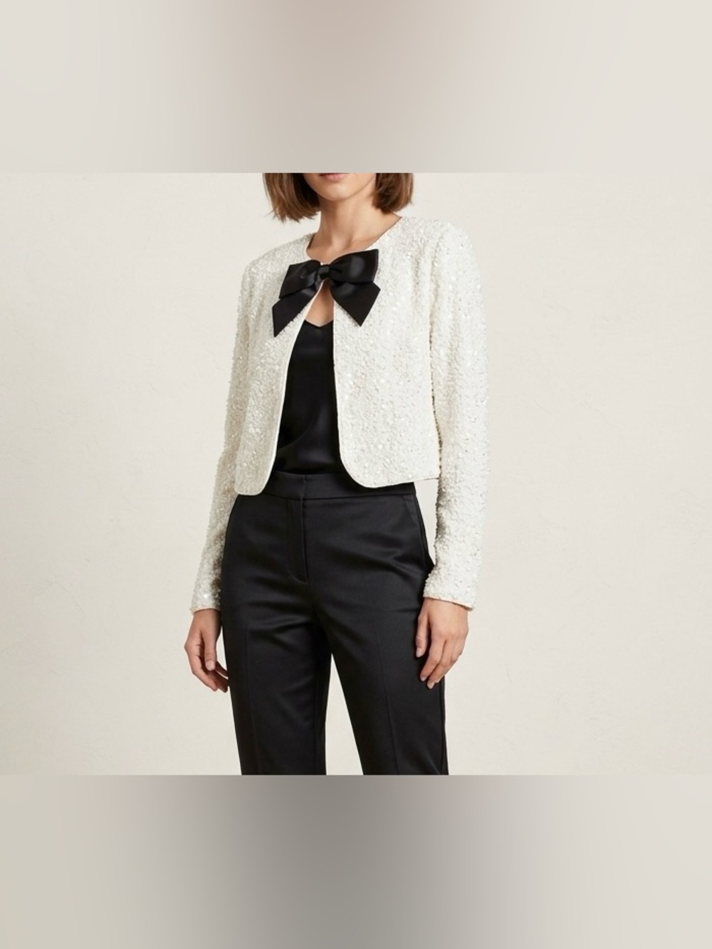 House of Harlow 1960 Ivory Sequin Cropped Jacket Size S Black Bow Evening Blazer